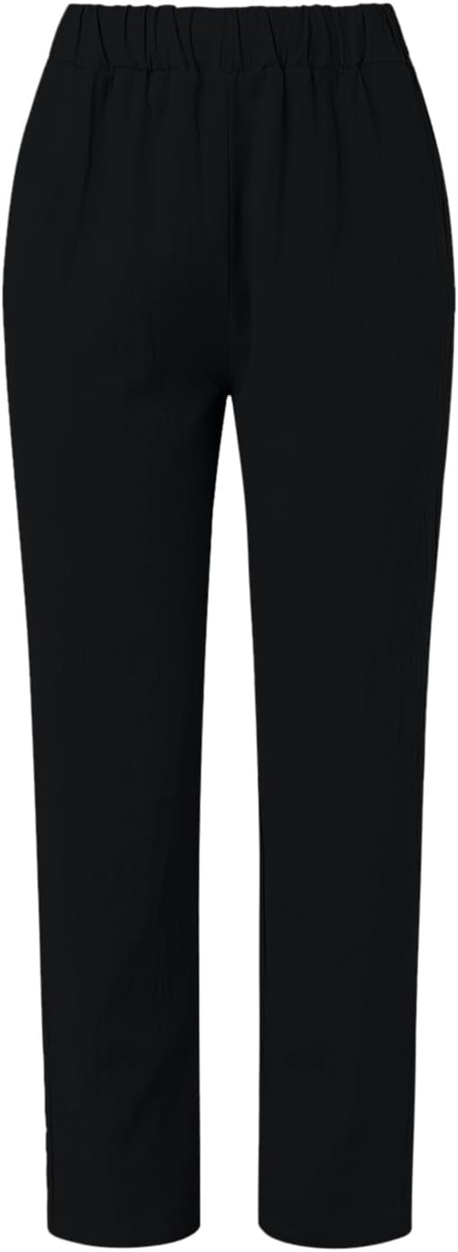 Womens Linen Beach Pant Casual Elastic Waist Pants with Pockets, Lightweight Summer Slacks Cotton Work Trousers