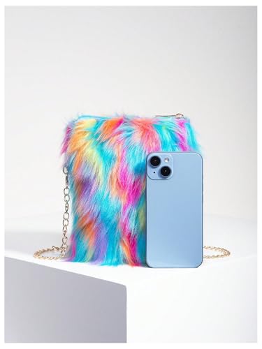 OYOANGLE Women's Faux Fur Color Block Chain Shoulder Bag Furry Zipper Small Handbags Trendy Crossbody Bags4
