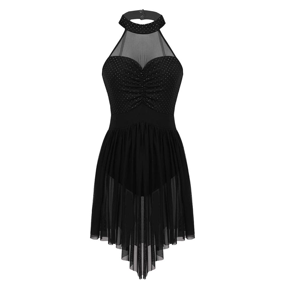 Damen Nachthemden & Nachthemden Damen Ballerina Tanzkurs Kleid Neckholder Polka Dots Unregelmäßiger Tüllsaum Gymnastik Trikot Tanzkleid für Damen (Schwarz M)