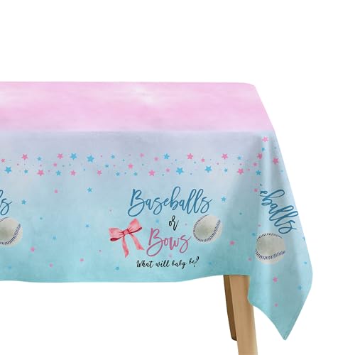 Image of Baseball or Bows Gender Reveal Decorations Tablecloth, Disposable Boy or Girl Theme Baseball Gender Reveal Party Supplies Tablecover, 3 Pack, 55in x 86in