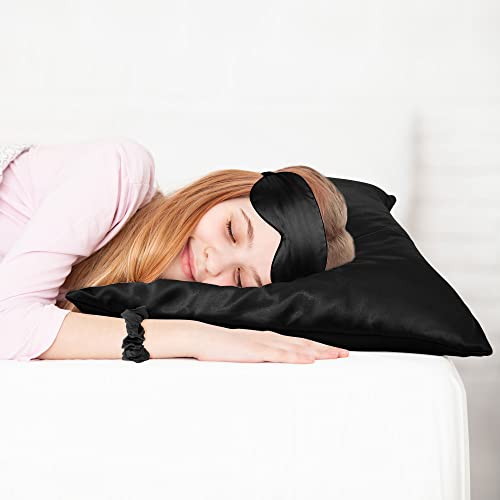 PiccoCasa Satin Pillowcases for Hair and Skin with Eye Mask and Scrunchie Soft Pillowcase 2 Pack Zipper Closure Silky Bed Pillow Covers Set for Sleeping Black 50 x 65cm - Image 3