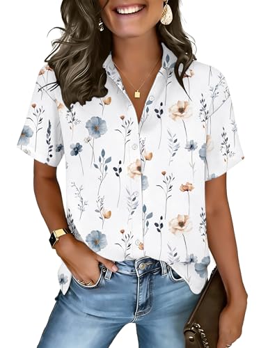 Zeagoo Button Up Shirt Women Blouses for Women Dressy Casual Short Sleeve Collared Shirts Beach Vacation Summer Clothing