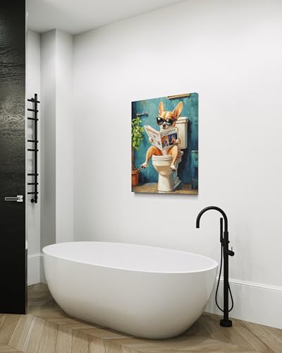 Image of Chihuahua on Toilet Wall Art Print Canvas Wrapped, Dog Bathroom Humor Decor Posters Prints for Restroom Home Picture Painting Artwork Gallery 7 (Chihuahua, 20 inchL x 16 inchW CANVAS, Wrapped Canvas)