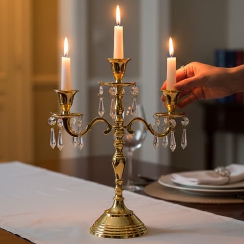 Image of Premium 3-Arm Candle Stand, Luxury Centerpiece with Crystal Hangings, Premium Aluminum Build, Sturdy Tabletop Base, Golden, 12inch