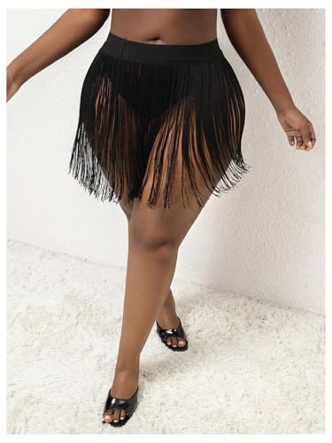 WDIRARA Women's Plus Size Fringe Cover Ups Mini Beach Skirts Tassel High Waisted Swimsuit Coverup2