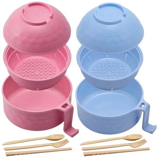 Romooa 2 Sets Microwave Ramen Bowl 40 oz Wheat Fiber Portable Instant Noodle Cooker Bowl with Handles Strainer Spoon Chopstick Fork College Dorm Room Apartment Essentials(Pink Light Blue)