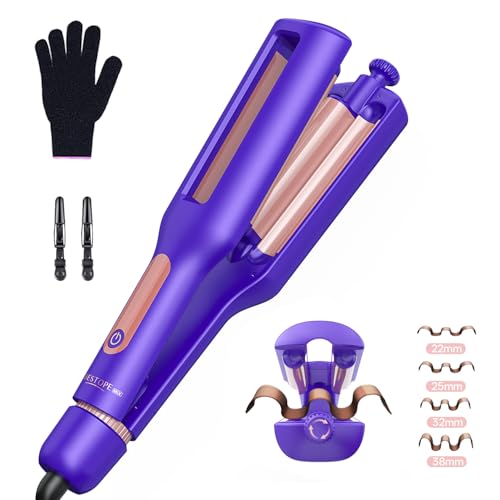 Ionic Beach Waver Hair Curler with Ceramic Electrical Coating, Anti-Scald, 30S Heat Up, Digital Display, 4 Temperature (140°C-210°C), Deep Purple