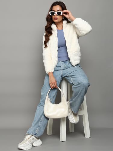 Image of Alan Jones Clothing Women's Fluffy Yarn Fleece Full-Zip Jacket | Soft Lightweight Warm Outerwear with Stand Collar & Piping at Hem & Cuffs