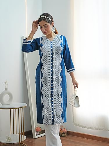 Image of EthnicJunction Women's Cotton Rayon Regular Fit Chikankari Embroidery Stright Kurta