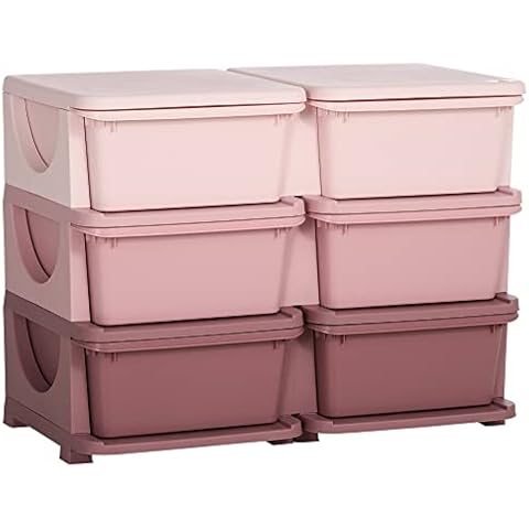 Qaba 3 Tier Kids Storage Unit, 6 Drawer Chest Toy Organizer Plastic Bins for Kids Bedroom Nursery Kindergarten Living Room for Boys Girls Toddlers, Pink Cover