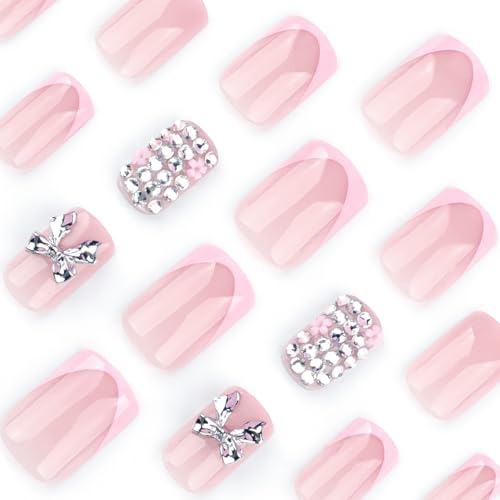 Image of Secret Lives Square False Nails - Metallic 3D Bow Press-On Nails with Rhinestones - Glam Sparkly Nail Tips, Reusable Artificial Nail Set for Women