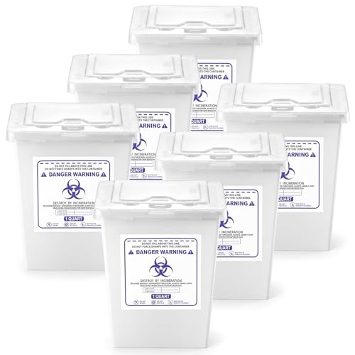 Image of Hushee 6 Pack 1 Quart Sharps Container for Home Use, Multi-Purpose Small Portable Container for Home, Travel, Professional and Personal Use, Translucent Lid, Permanent or Temporary Closure