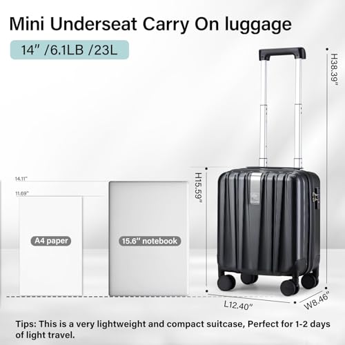 Image of Hanke 14 Inch Underseat Carry On Luggage with Wheels Hard Shell Suitcases Carry On Bag Lightweight Small Mini Suitcase Tsa Luggage for Travel.（Jet Black）