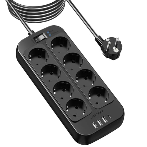 JSVER Regleta con Protección Sobretensión - 8 Tomas de Corriente y Puertos USB...