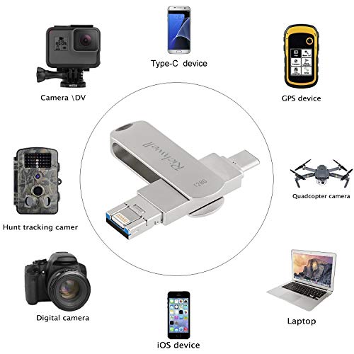 USB Flash Drives 128gb Memory Stick for iPhone Photo Stick USB C Thumb Drive 3in1 External Storage USB C Drive Richwell for Apple iPhone iPad iOS Mac Android USB Type C and Computers (Silver-DXZ128G)