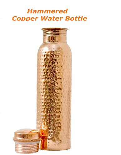 RATNA Pure Copper Drinking Water Bottle - Hammered Design with Lid - Ayurvedic 100% Copper Bottle