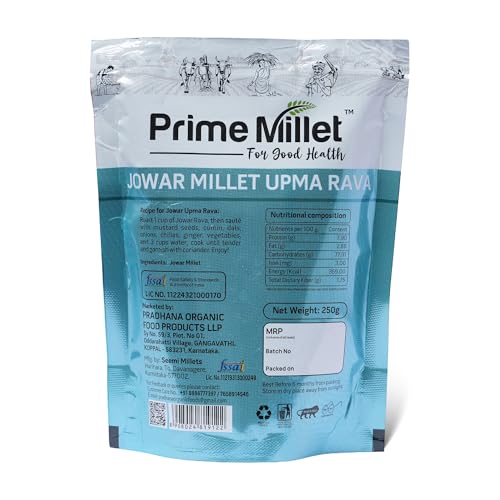 Image of Prime Millet For Good Health Organic Jowar Upma Rava | Premium Sorghum Millet Upma Mix | High Fiber Superfood | Gluten Free Healthy Breakfast Ingredient | Supports Healthy Digestion | Natural Unpolished Jowar Rava | Ancient Grain Nutrition (250 Gram)