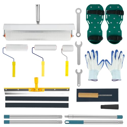 Epoxidharz Bodenbeschichtung Werkzeug Set, Entlüftungswalze Set mit Stachelwalze, Farbroller, Schaber, Nagelschuhe, Teleskopstange, Handschuh, Glättekelle für Ausgleichsmasse Boden