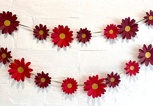 Image of Red Daisy Flower Wall and Party Decor. This Easy Decor kit Comes with 18 Paper Flowers, Needle, 10 feet Satin Ribbon and Sticky Foam Squares.