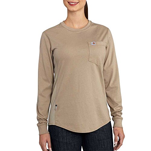 41MXXRlycXL. SL500 Carhartt Women's Flame Resistant Womens Force Cotton Long Sleeve Crew T Shirt Shirt, -khaki, Large