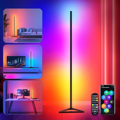 HANDSONIC LED Stehlampe,RGBIC Stehlampe Wohnzimmer Dimmbar,140cm Abnehmbar Schwarz,Standleuchte Led mit App,16 Millionen Farben Standleuchte,300 Szenenmodi,Musikmodus & Timing-Funktion Deko