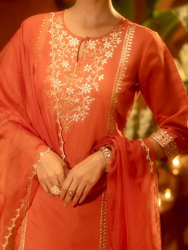 Image of FIORRA Women's Orange Viscose Chanderi Embroidered Ethnic Straight Kurta Set with Dupatta