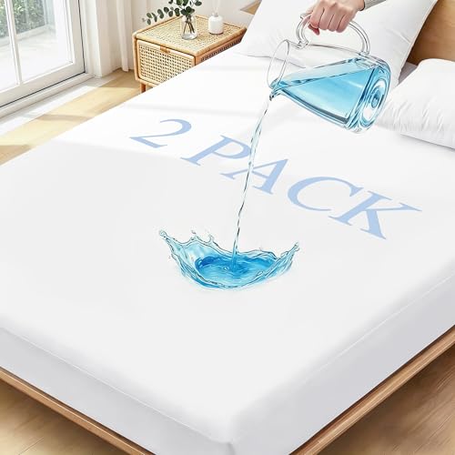 Twin XL Mattress Protector Waterproof 2 Pack Washable Mattress Cover Breathable Twin XL Size Fitted Bed Pad Noiseless Plastic Protection Up to 18 Mattress Protector SoftWhite