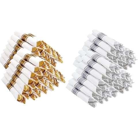 Joyido 800PCS Pre Rolled Plastic Silverware Sets - 400pcs Heavy Duty Silver Cutler & 400pcs Gold Wrapped Disposable Utensils with Napkins for Parties & Dinners & Weddings Cover