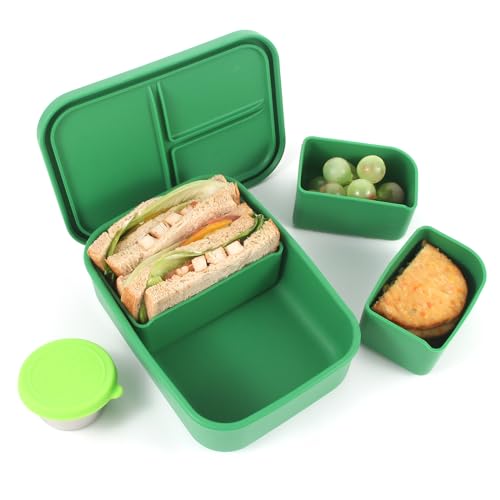 LayaVilla Silicone Bento Lunch Box, 27oz?800ml Green Bento Box with 3 Removerable Compartments for Adults, Leak-Proof with a Dressing Container,Microwave, Dishwasher safe (Green)