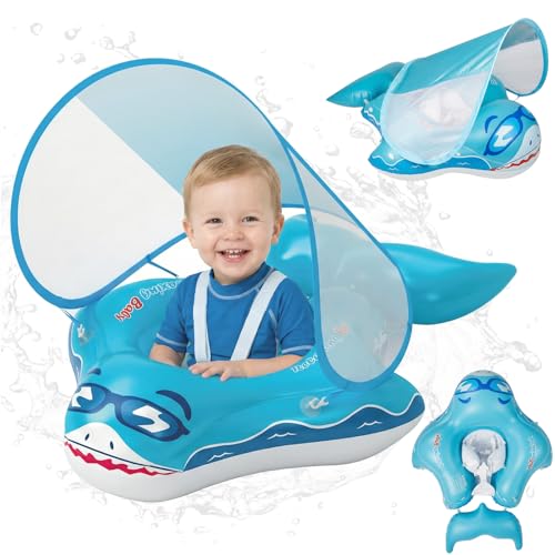 Flotador Bebe con Sombrilla UPF 50+ Ninonly Flotador con Proteccion Bebe Diseño Tiburón con Campana, Inflable Piscina para Bebe Asiento Ergonómico Anti-Vuelco Seguro para Piscina y Playa 12-36 Meses