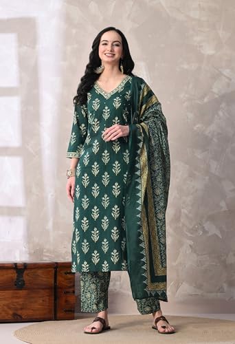 Image of MEERA FAB Women Floral Printed Sequined Cotton Straight Kurta with Palazzos & Dupatta | Sanganeri Print