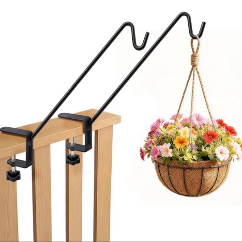 GESTONE 11 Inch Deck Railing Plant Hanger 2 Pack Deck Hooks Hanger for Railing Heavy Duty Solid Iron Shepherds Hook for Deck Railing & Bird Feeders for Outdoors Plant Hanger Bracket for Balcony Porch
