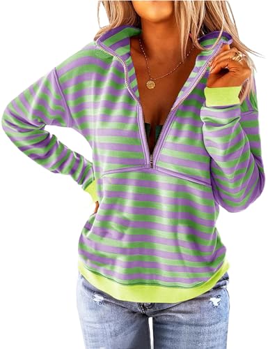 Floral Find Women's Long Sleeve Lapel Half Zip Up Sweatshirt Solid Stylish Loose Fit Casual Pullover Tops (C-Green Purple, Large)