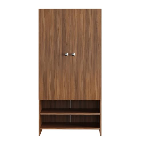 Image of FURNEASER YSH Engineered Wood Wardrobe Almirah for Clothes with 2 Doors & Open Shoe Rack | Wooden Closet Cabinet Organizer for Bedroom Living Room | Storage Cupboard (Exotic Teak)
