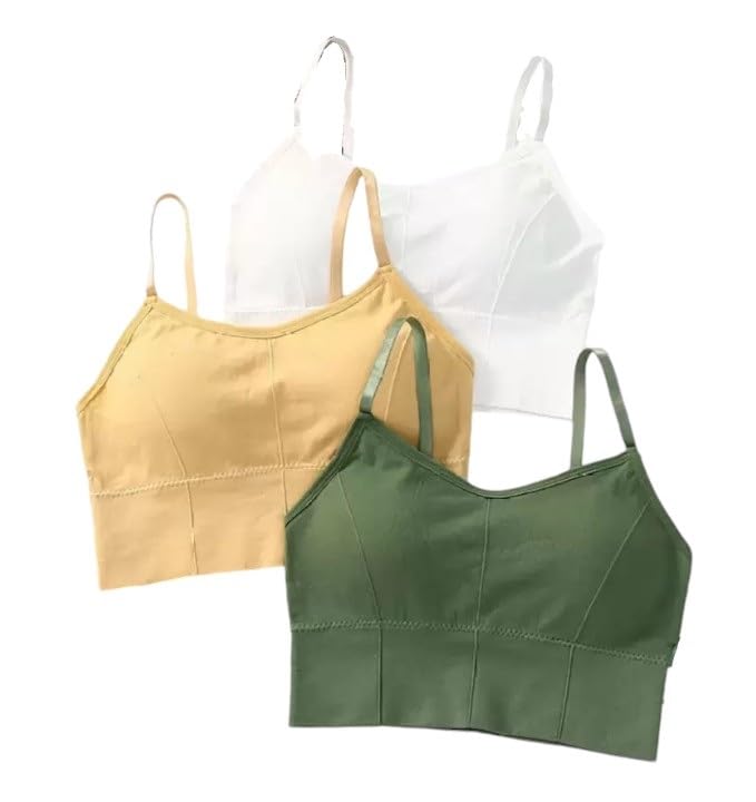 texello Women's Cotton Wire-Free Full Coverage Lightly Padded Sports Bra - Comfortable & Supportive Everyday Wear - Pack of 3 (Size- L, White, Beige, Green)-picture-38