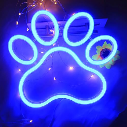 Image of Dog Cat Paw Neon Sign Paw Print Neon Sign Blue Neon Light for Pet Shop Pet Clinic Bedroom Wall Decor USB Powered Neon Light Wall Sign Art Decor (Blue)