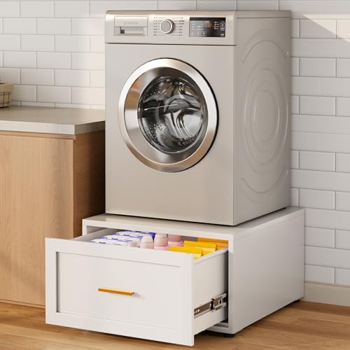 Fogqueen 28W x 28D x 16H Metal Washer and Dryer Pedestals 500LBS Heavy Duty Washer Pedestal & Dryer Stand with Storage Drawer Universal Laundry Pedestal with Anti-Vibration Pads (WHITE 1 PACK)