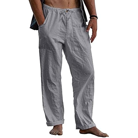 Sprifloral Mens Linen Trousers Casual Loose Pants Summer Beach Trouser Grey M Cover