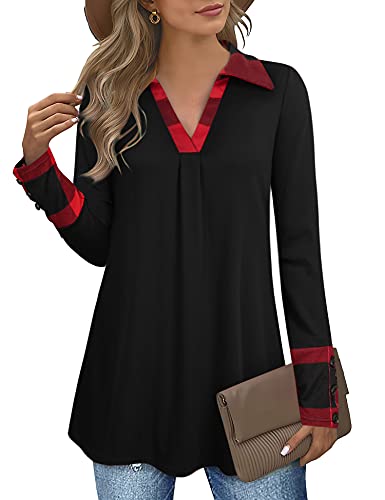 Vivilli Black Tunic Tops For Women, Maternity Sweaters Empire Waist Top Plus Size Casual Blouses Ladies Sweatshirts Long Sleeve Pullover Christmas Sweater Button Cuff Black Red Plaid Xl #TOP14
