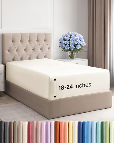 Image of Deep Twin XL Fitted Sheet - College Dorm Room Essentials - Off White | Easily Fits 18 inch to 24 inch Mattress, Wrinkle Resistant, Soft, Breathable & Comfy, Extra Deep Pockets Fitted Sheet