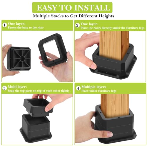 Yookwutar 4 Pack Furniture Risers 1 Inch, Adjustable Bed Risers Heavy Duty for Table Desk Couch Chair Sofa Cabinet Bed Legs Dorm, Square Stackable Bed Raisers Blocks Lift Height 1\" or 2\", Black