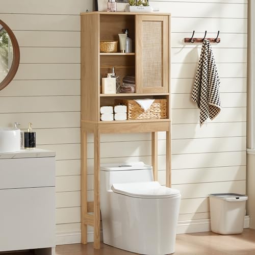 LEYAOYAO Over The Toilet Storage Cabinet with Rattan Sliding Door, 68' Tall Wood Above Toilet Bathroom Organizer w/Adjustable Shelf & Curved Profile, Space Saver Freestanding Washer Shelf, Natural
