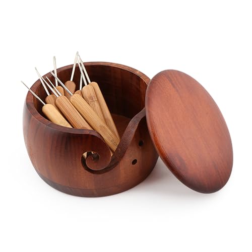 Image of Multifunctional Wooden Yarn Bowl with Holes Storage,Crochet Hooks,DIY Natural Embroidery Crocheting Storage(Dark Brown)