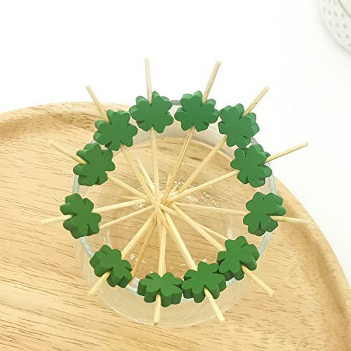 100pcs Shamrock Cocktail Picks 4.7" Fruit Sticks Food Toothpicks Sandwich Charcuterie Appetizer Skewers, Handmade of Bamboo Wood, for Irish St. Patrick's Day Decoration Party Supplies (3 Leaf Clover)
