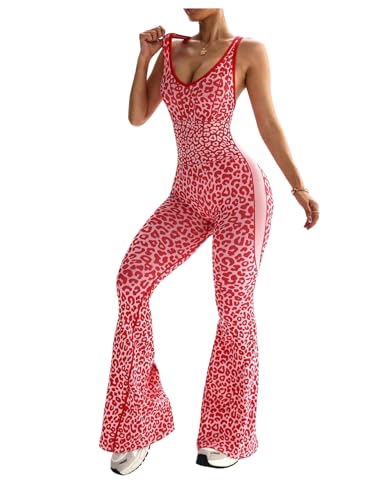 Image of Verdusa Women's Cheetah Print Workout Sets Yoga Jumpsuit Criss Cross Sleeveless Work Out Clothes Flared Pants Jumpsuits