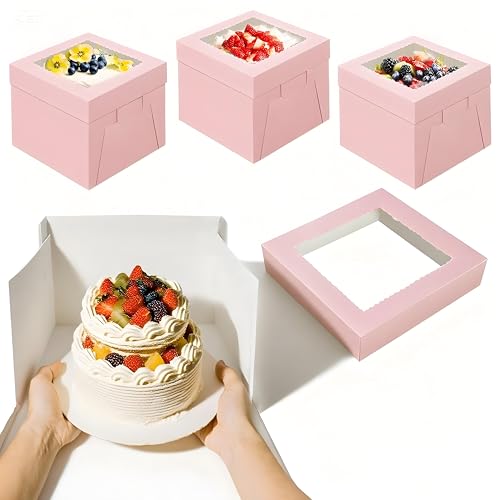LYSHOOCE 5 Piezas Cajas de Tartas Carton con Ventana - 20 × 20 × 20 cm - Ecológicas (3 piezas Rosa)