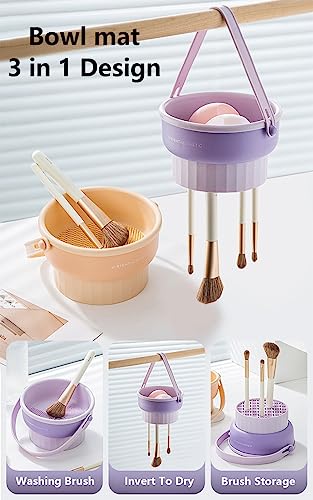 2 in 1 Silicone Makeup Brush Cleaning Mat with Brush Drying Holder, Portable Cosmetic Brush Cleaner, Purple - Image 3