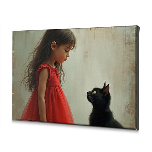 Toile salon motif fille robe rouge chat noir 30x40 cm déco mur