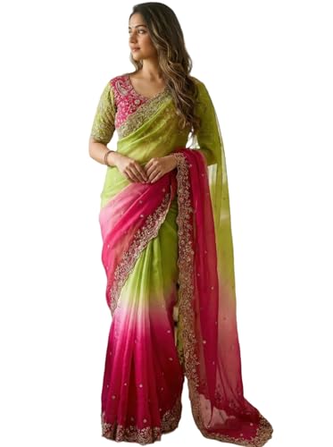 Image of Soft Fandy Satin Saree with Fancy C Pallu, Sequence Zari Work & Heavy Embroidered Stitched Blouse (Free Size)