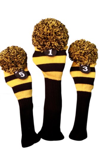 Majek Golf Club Head Covers Black and Yellow Limited Edition Throwback Long Neck Knit Retro Pom Pom Traditional Classic Vintage Old School Ultimate 460cc Driver Fairway Wood Golf Head Cover Stripe Set